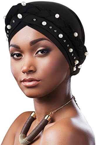DRESHOW African Women Turban Pre-Tied Twisted beaded Braid Head Wrap Hat Beanie Headwraps Chemo Cancer Cap