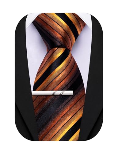 Image of Barry.Wang Silk Men Ties Formal Stripes Necktie and Tie Clip for Wedding Party Business Fashion Classic