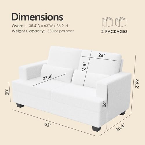 smilesun 63\" Loveseat Sofa, Oversized 2 Seater Couch, Comfy Teddy Velvet Love Seats, Modern Arm Chair with Deep Seat, 2 Lumbar Pillows, Couches for Living Room, White - Thumbnail 2