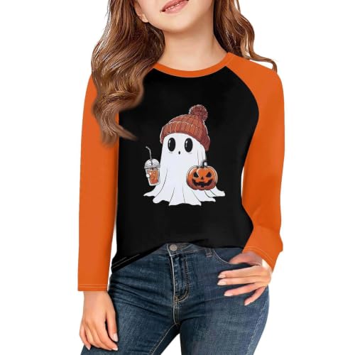 CGGMVCG Camiseta de Halloween para niñas, camiseta raglán de manga larga con diseño de fantasma, calabaza, camiseta de béisbol, blusa informal de cuello redondo, ropa de otoño para vacaciones