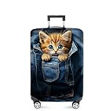 ANNA QUEEN Cute Kitten in Pocket Luggage Cover, Funny Cat Suitcase Protector with Denim Print, Stretchable & Washable Spandex Travel Cover for 20-22 Inch Luggage
