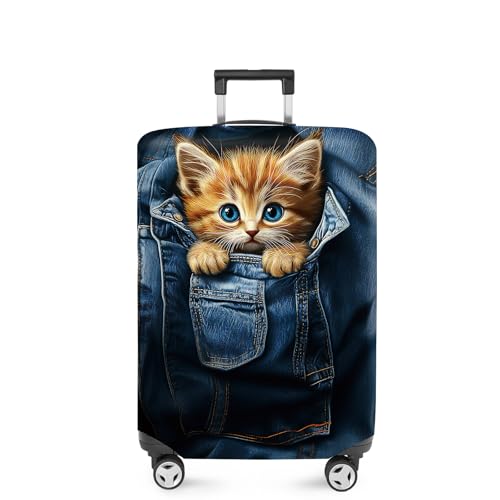 ANNA QUEEN Cute Kitten in Pocket Luggage Cover, Funny Cat Suitcase Protector with Denim Print, Stretchable & Washable Spandex Travel Cover for 20-22 Inch Luggage