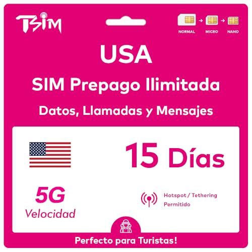 Tarjeta SIM de EE. UU. 15 días. Red T-Mobile con Datos ilimitados de Alta Velocidad en 5G/4G/LTE | Llamadas Locales y Mensajes ilimitados en EE. UU. (Incluido Hawái). ¡Tarjeta SIM 5G!