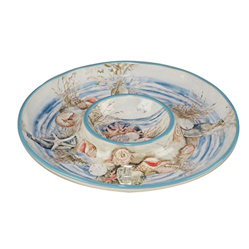 Coastal Landscape Ceramic Chip & Dip Platter – 13.5" Round Server with Shorebirds Illustration, Ocean-Inspired Tableware for Chips & Salsa, Crudités, Seafood, Crackers, Appetizers - Image 2