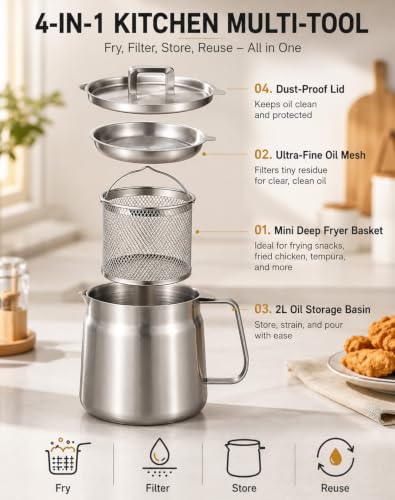 304 Stainless Steel Deep Fryer Pot with Basket & Strainer，68oz