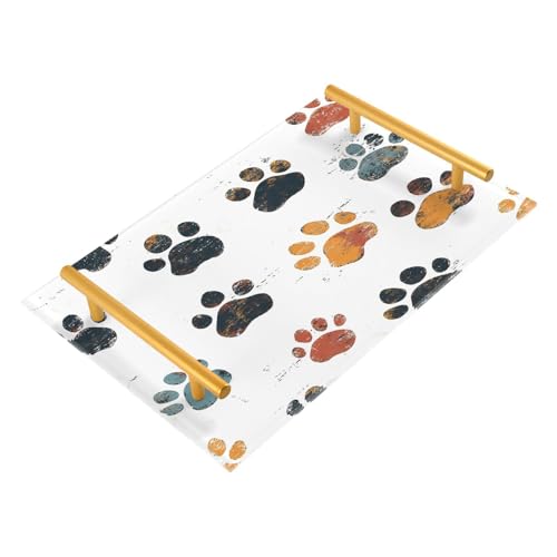 GUIJI Pawprints Acrylic Tray, Perfume Cosmetic Jewelry Decorative Trays Bathtub Organizer, Living Room Kitchen Serving Tray with Gold Handles