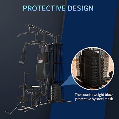 HOMCOM Multi-Exercise Gym Workout Station, 45Kg Weight Stack Training System, Full Body Fitness for Home Gym, Black