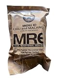 Genuine USGI Individual MRE [Meal, Ready to Eat] Inspection Date 01/2024 or Newer - You Choose Menu - Complete Ration with Entree, Snacks, Dessert, Drink Mix, Utensils, Condiments and FRH. (#10 Chili Macaroni)