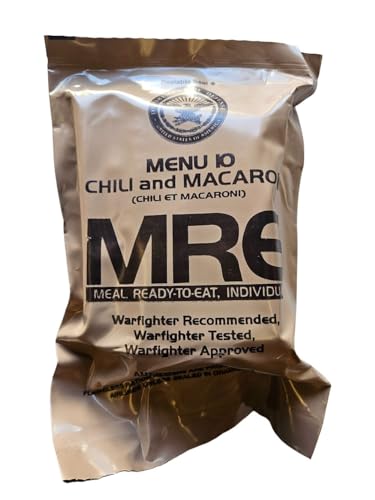 Genuine USGI Individual MRE [Meal Ready to Eat] Inspection Date 01/2024 or Newer - You Choose Menu - Complete Ration with Entree Snacks Dessert Drink Mix Utensils Condiments and FRH. (#10 Chili Macaroni)