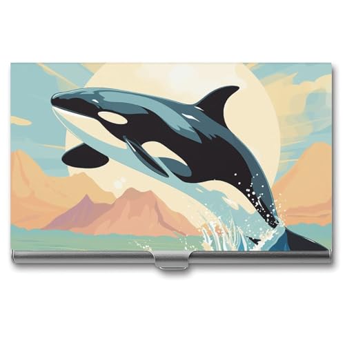 Orca in The Sea Business Card Holder Slim Portable Business Card Case Metal Pocket Name Card Holder Wallet for Men Women Office Travel