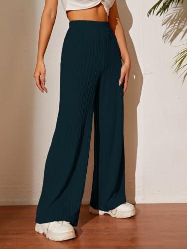 Image of TOPLOT Ribbed Knit Trousers for Woman | High Waist Wide Leg Palazzo Pants with Elastic Waist | Straight Relaxed Fit Casual, Office, Travel & Lounge Wear (5252)