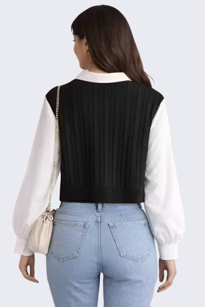 Image of Regular Fit Collared Knit Top for Women, Long Sleeve Casual T-Shirt, Black and White, Rib-Knit Material, Korean Trendy Style