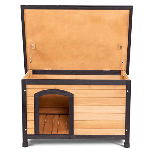 Tangkula Wooden Dog House Outdoor Indoor, Large Pet Shelter Log Cabin Feeding Station With Opening Hinged Roof, Adjustable Foot, Weatherproof Big Dog Houses For Small To Large Dogs Outside Patio #TOP5