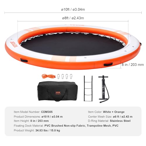 VEVOR Inflatable Floating Dock, ø10FT Inflatable Dock Platform with ø8FT Trampoline Mesh Pool, Non-Slip Floating Platform Water Mat with Portable Bag & Detachable Ladder for Pool Beach Relaxation by VEVOR - Image 7