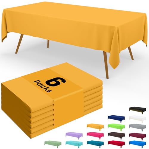 Image of Smiry Disposable Table Cloth - 6 Pack, 54 x 108 Inch Waterproof Rectangle Tablecloths for Parties, Decorative Plastic Table Cover, Leakproof & Sturdy, Mustard Yellow