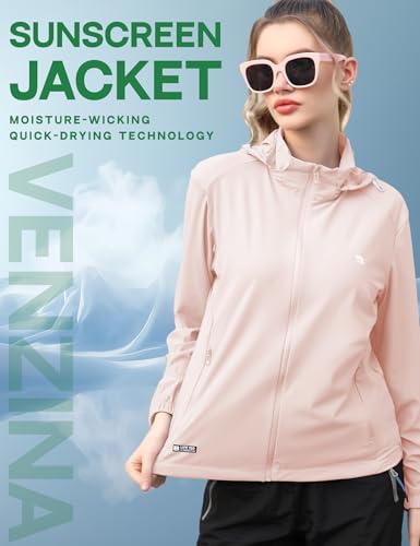 Image of Venzina UPF 150+ Sunscreen Jacket for Women, Stylish Sun Protection Jackets for Women, Cool Feel Quick Dry Sun Hoodie, Modern Fit with Removable Hat & Zip Pocket, for Driving, Camping