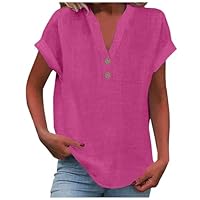 Chemise Femme Coton Lin Chemisier Élégant Col pour Henley Couleur Uni Tee Shirt Été Haut Top Respirant T-Shirts Grande Taille Tunique Blouse