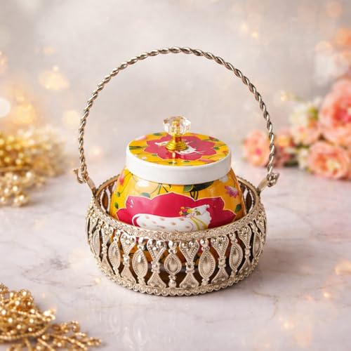 Image of German Silver Metal Basket with Pichwai Jars - Baby Shower Wedding Return Gift Hamper Basket for Dry Fruits, Nuts, Chocolates & Festive Gifting Diwali Puja