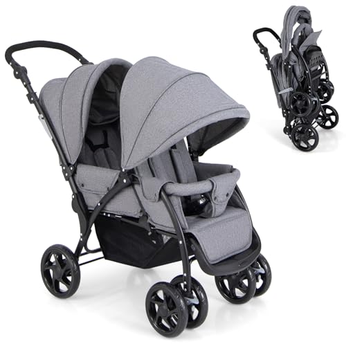 GLACER Foldable Twin Stroller, Double Baby Stroller w/Multi-Level Backrest, Canopy, Handle & Footrest, Safety Belt & Brake System, Travel Tandem...