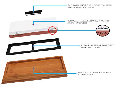 Mizu 1000 / 6000 Grit Premium Whetstone Knife Sharpening Stone Set, Ideal Sharpener For All Blades, Japanese Style Waterstone With Non Slip Bamboo Base, Includes Angle Guide & Instructions #TOP2