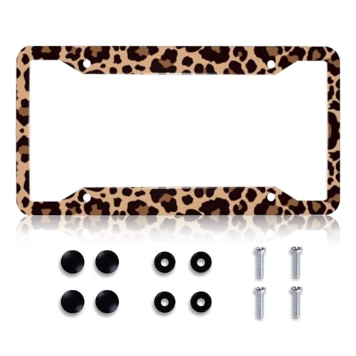 Leopard Print License Plate Frame - Cheetah License Plate Holder, Rust-Proof Stainless Steel Waterproof Car Decorative Tag Frames for Standard Us 12x6 Inch
