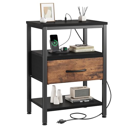 DUMOS Bedside Table with Charging Station and Adjustable Fabric Drawer