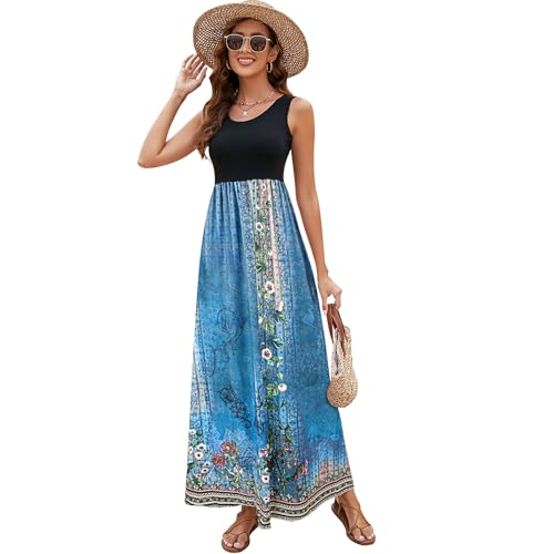 Image of Sherosa Women Boho Chevron Striped Floral Printed Summer Sleeveless Tank Long Maxi Party Dress