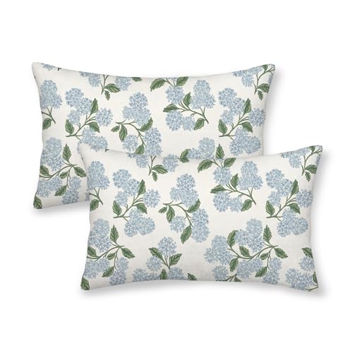 Image of AEIOAE Spring Pillow Covers 12x20 Inch Set of 2, Green Blue Hydrangea Flower Throw Pillows Case,Floral Summer Outdoor Seasonal Decorative Farmhouse Decor Cushion Covers for Home Sofa Bed Couch