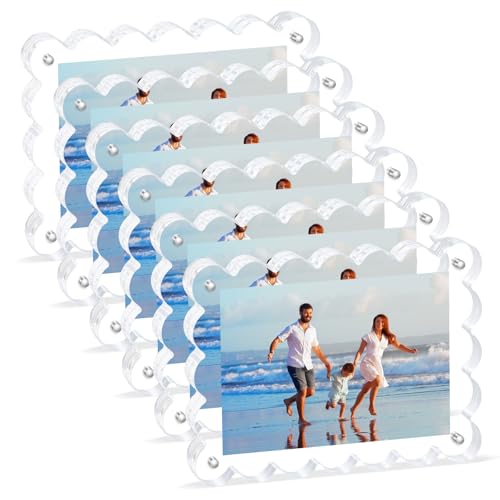 Novacrylion Scalloped Magnetic Picture Frame 4x6 Inch - 6Pack Clear Acrylic Photo Frame, 20mm Thick Double-Sided Magnet Design, Trendy Desktop Display for Home/Office Decor (6 Pack, 4X6)