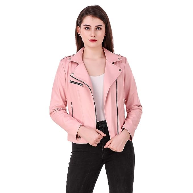 Image of Womens & Girl's Faux Leather Solid Regular BikerJacket