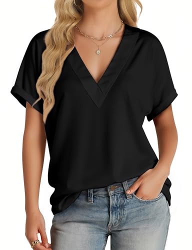 Womens Summer V-Neck Tees 2025- Lightweight Short Sleeve Tops with Soft Stretch | Trendy Casual T-Shirts for Spring & Summer2