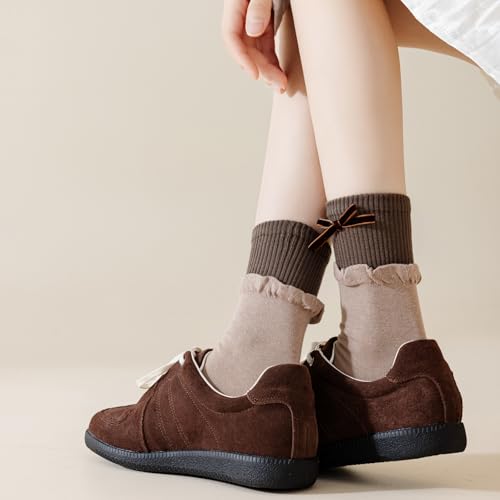 Image of Yomutiur Crew Socks for Women, Double Ribbed Sock Cuff with Cute Bow Sweet Cotton Rolled Socks Odor-resistant