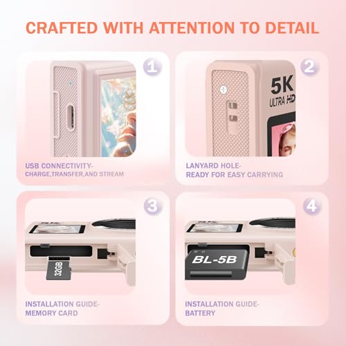 Image of 5K Digital Camera, Dual Screens Camera with 18X Digital Zoom, Compact Vlogging Camera for Teens, Beginner-Friendly Gift Pack, 32GB Card & 2 Batteries, Pink