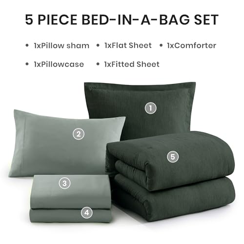 Image of Monbix Twin XL Comforter Set Deep Forest, Cationic Dyeing Bedding Set Reversible 5 Pieces, All Season Bed in a Bag with Comforter, Sheets, Pillowcase & Sham