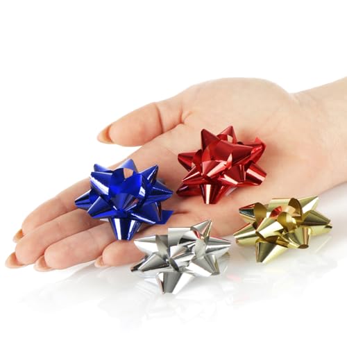 COM-FOUR® 100x Geschenkschleife in tollen Farben - selbstklebende Fertigschleife zur Dekoration von Geschenken zu Weihnachten und Hochzeiten (100 Stück - Glanz - 4 Farben)