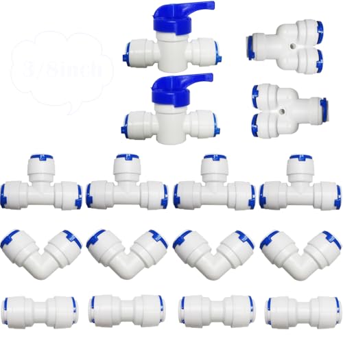 CESFONJER 16 PCS RO Water Filter Fitting, 3/8'' Push fit Connectors for Water Pipe, Push in to Connect Water Tube Fitting Set (Y+T+I+L Type Combo + Shut-Off Valve)