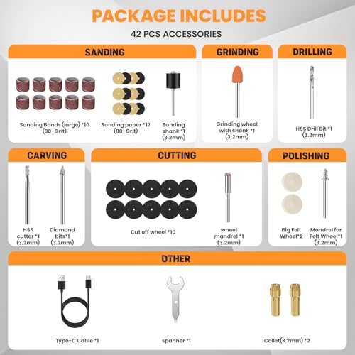 HARDELL 8V Cordless Rotary Tool Kit, 5 Speed Rotary Multi Tool with 42 Accessories 3.2mm Collet for Sanding, Polishing, Engraving, Grinding, Drilling, DIY Crafts 4 HARDELL 8V Cordless Rotary Tool Kit, 5 Speed Rotary Multi Tool with 42 Accessories 3.2mm Collet for Sanding, Polishing, Engraving, Grinding, Drilling, DIY Crafts - Image 4