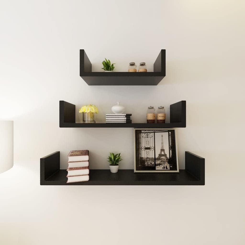 3 Black MDF U-Shaped Floating Wall Display Shelves,Plant Shelve,Camera Shelve,Kitchen Shelves,Modern Shelves,Wall Decor,for Home,Office,Bedroom,Bathroom,Kitchen or Games Room,Book/DVD Storage