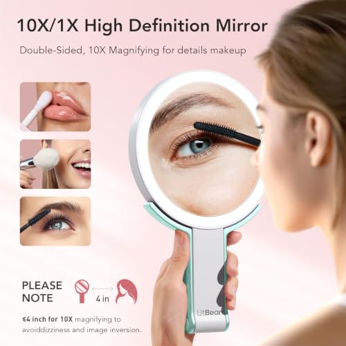 Image of LitBear Travel Makeup Mirror with Light, Rechargeable Double-Sided 10X /1X Magnifying Mirror, Portable Lighted Beauty Mirror, 3 Color Lighting, Dimmable Touch Screen, Tabletop Handhold Hanging (Green)