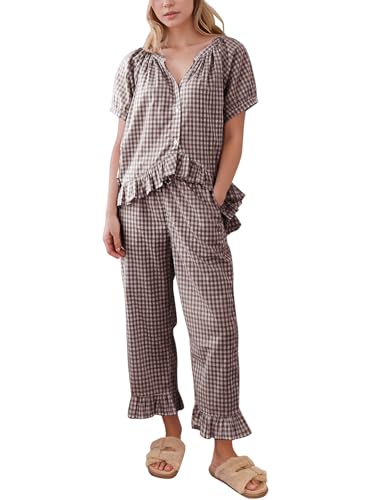 Flygo Womens Plaid 2 Piece Pajamas Sets Gingham Button Down Puff Sleeve Babydoll Shirt Ruffle Pants Y2K Pjs Lounge Set