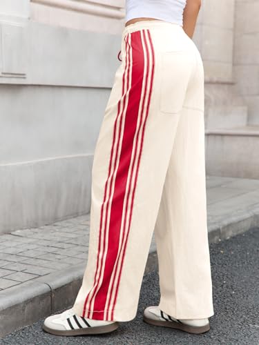 Fisoew Womens Wide Leg Pants Drawstring High Waisted Striped Baggy Palazzo Track Pants with Pockets3