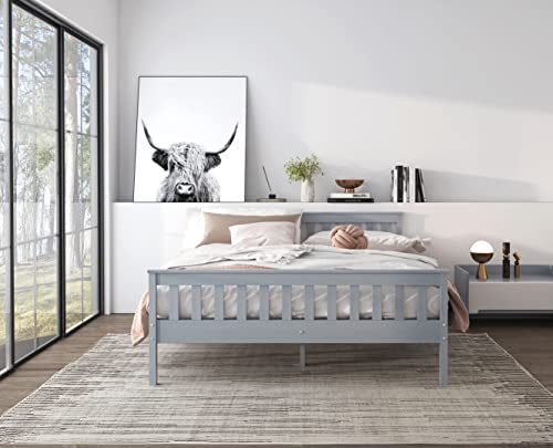 Urban Home Furniture Classic Shaker Style Farmhouse Rustic Solid Pine Platform Bed, Solid Wood Foundation with Wood Slat Support, No Box Spring Needed, Easy Assembly, Grey, Queen - Thumbnail 3