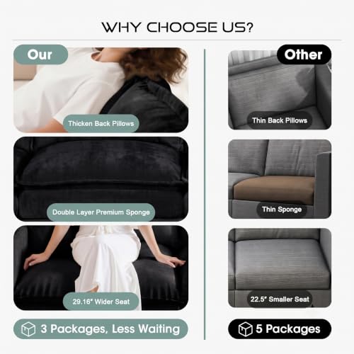 Image of 97 inch V Shaped Sectional Couch, Comfy Chenille Upholstered Modular Cloud Sofa, Convertible L Shaped Corner Couch with Storage Armrests & 2 Pillows, 5 Seat Sectional Couches for Living Room, Black