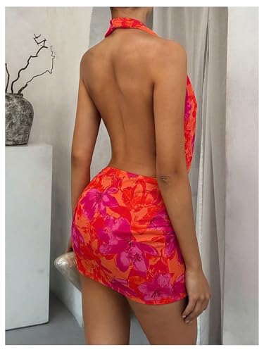 Image of OYOANGLE Women's Sexy Deep V Halter Dress Floral Bodycon Club Mini Dresses