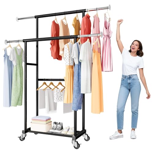SUFAUY Commercial 80' H Clothes Rack for Hanging Dresses, Extend 50“L Double Rolling Garment Rack...