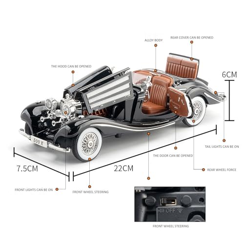 Image of 1:24 Vintage Toy Car Diecast Metal Car Vintage Model K500i for Kids Light Sound Pull Back Openable Door Toy