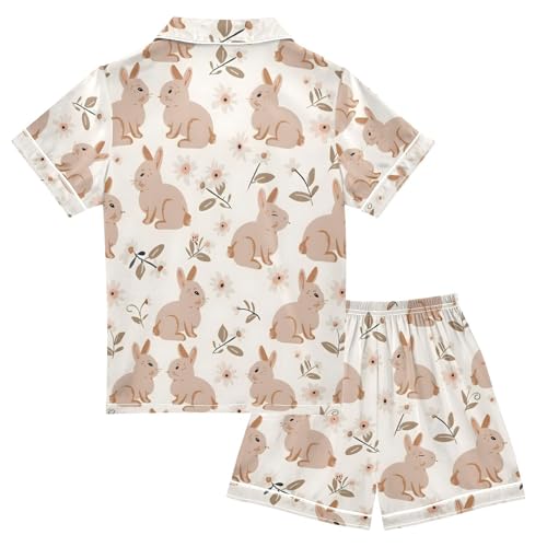 ALAZA Rabbit Cartoon Leaves Stylish Pajamas Satin Pajama Set Short Sleeve Button Down Sleepwear2