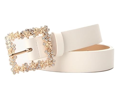 COTIM COYIN Women Rhinestone Leather Belt, Rhinestone and Gold Rose Square Buckle Belt for Pants Dress Jeans, White
