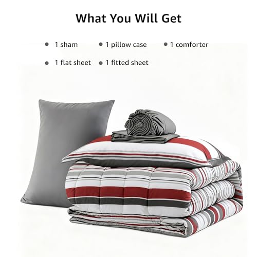 Image of Monbix Twin XL Comforter Set - Extra Long 5 Pieces Dorm Bedding Sets, Red and Black-Stripe Bedding Sets, All Seasons Comforter Bed Set with Sheets, Pillowcase & Sham