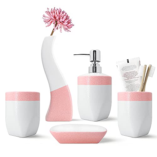 AntDesign Pink Bathroom Accessory Set 5 Pcs, Including Hand Pump Soap Dispenser, Soap Dish, Toothbrush Holder and Vase,for Modern Bathroom DÃ©cor (Pink)